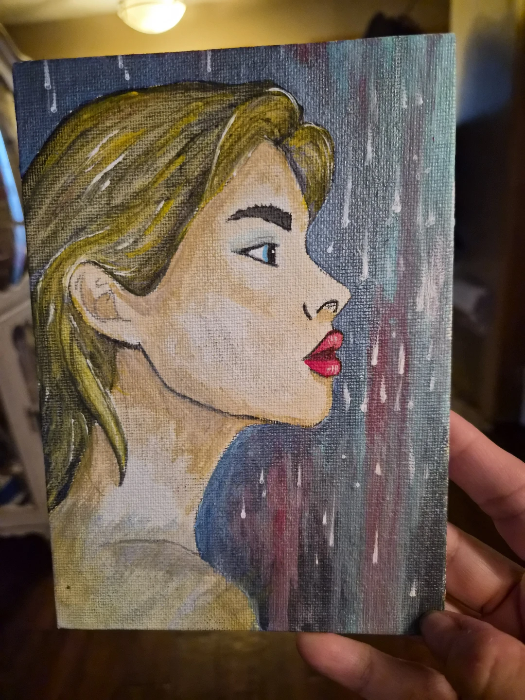 Original Acrylic Painting of Woman in Rain