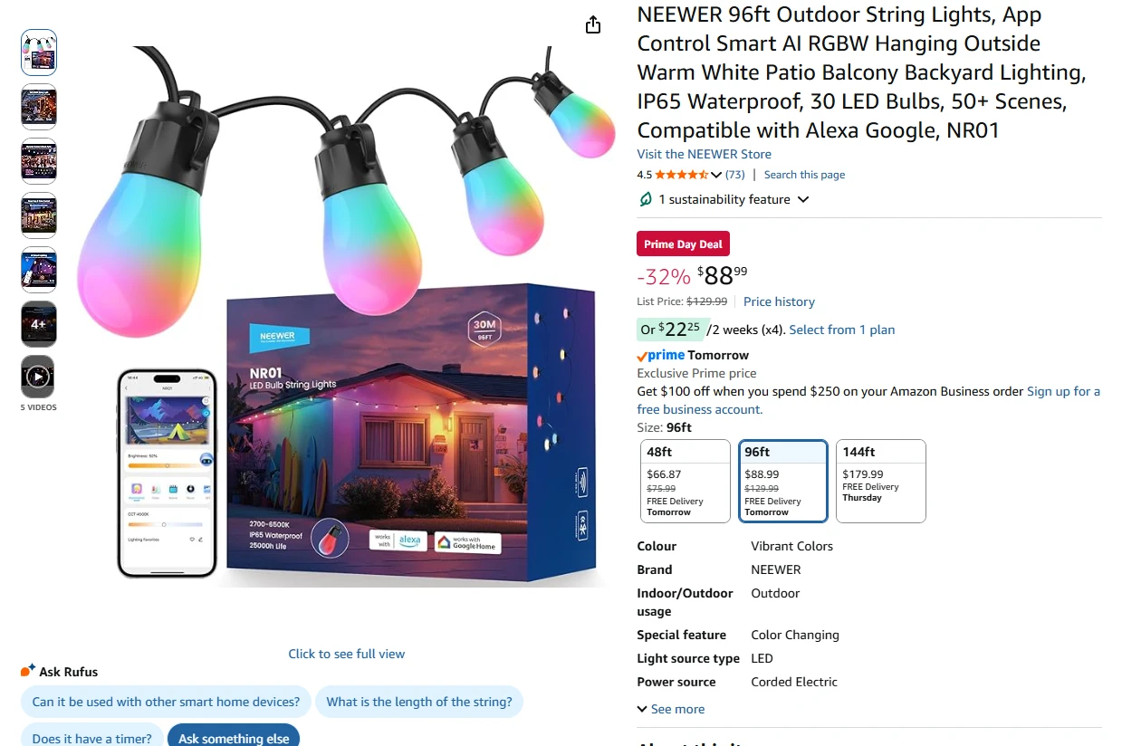 NEEWER 96ft RGBW Smart LED String Lights - photo 2