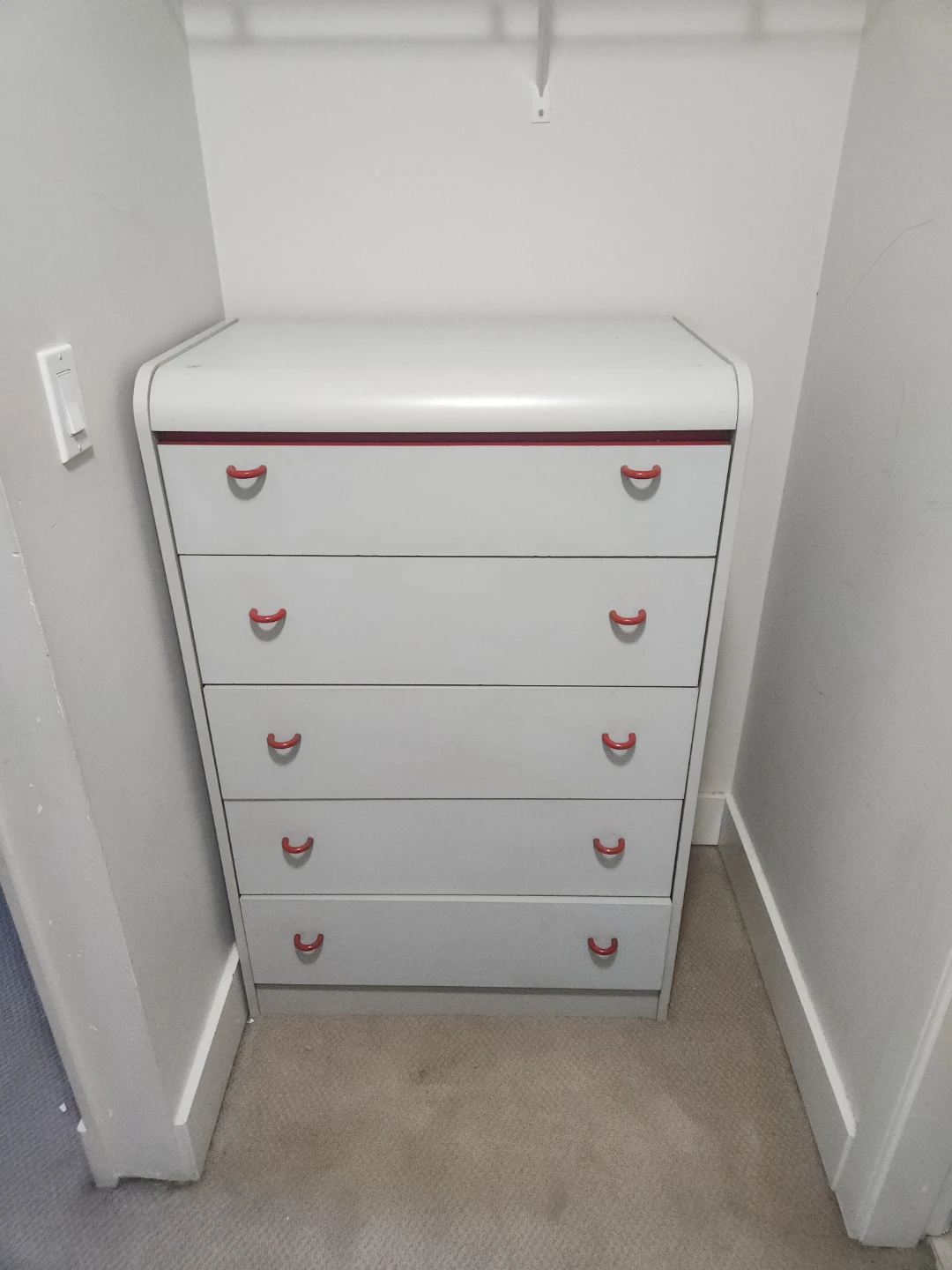 Grey 5-Drawer Dresser with Red Accents