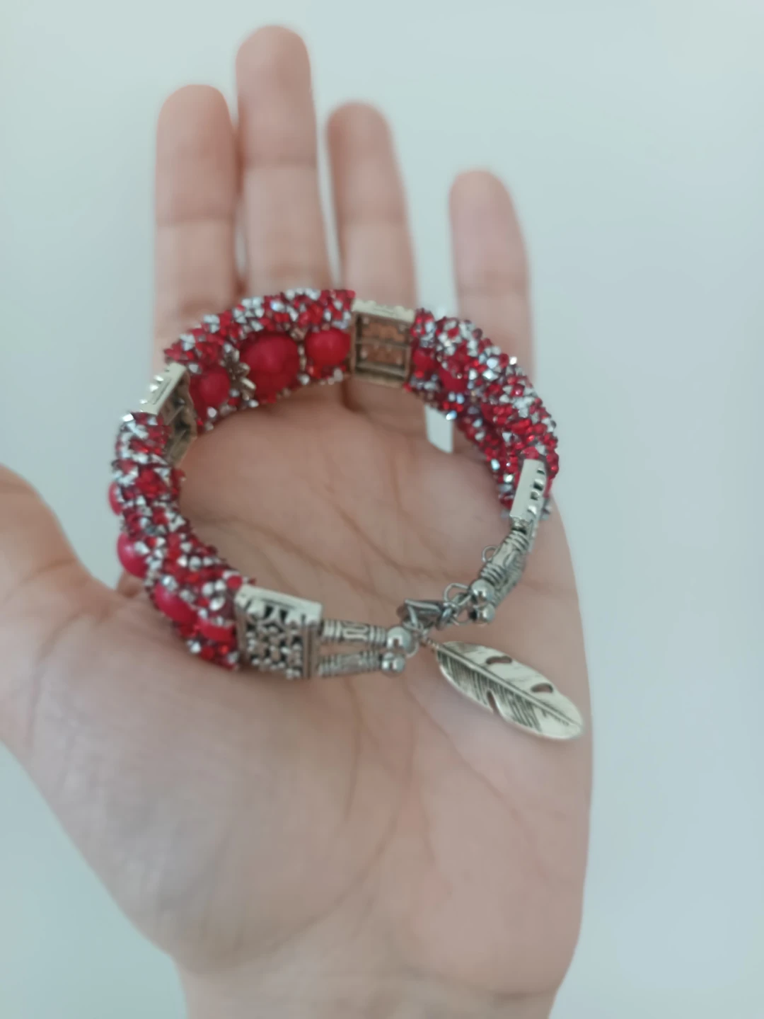 Red Beaded Bracelet with Feather Charm - photo 2