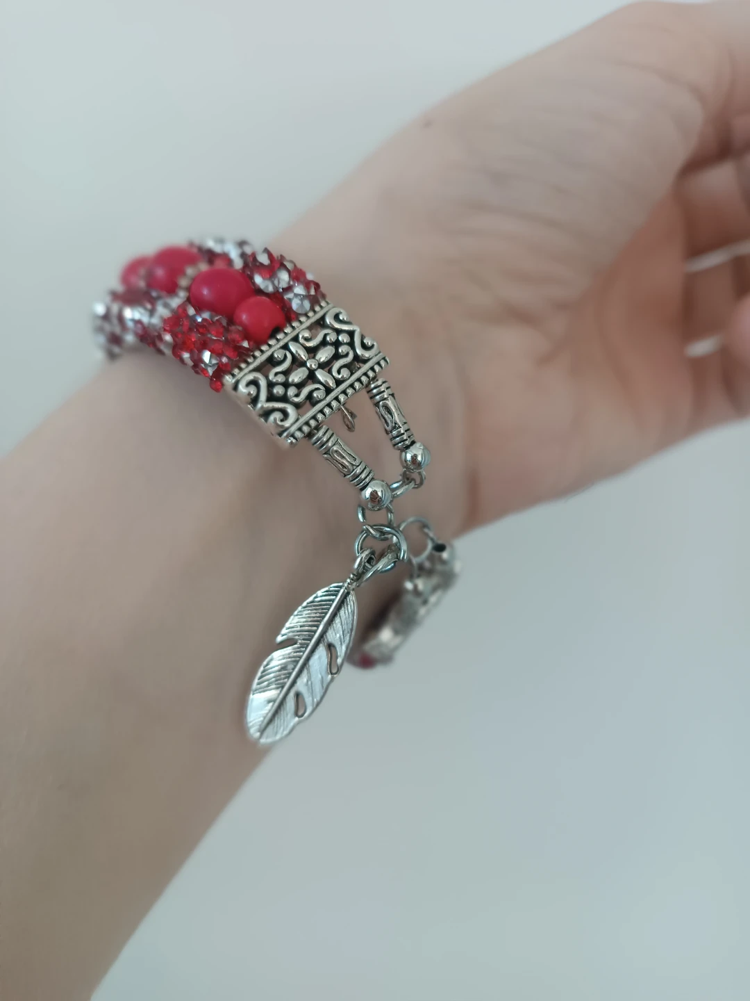 Red Beaded Bracelet with Feather Charm - photo 4