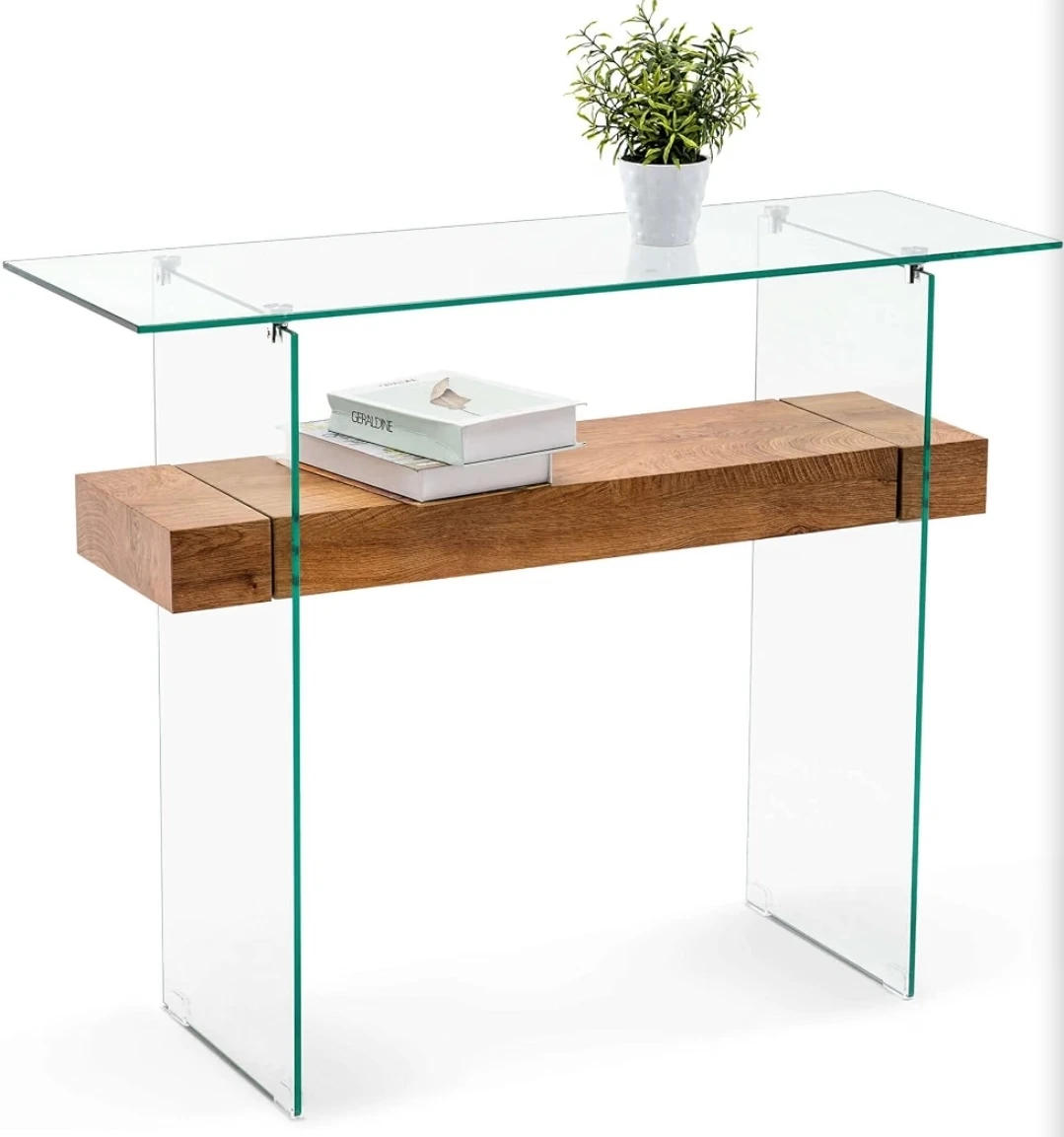 Glass Console Table with Wood Shelf