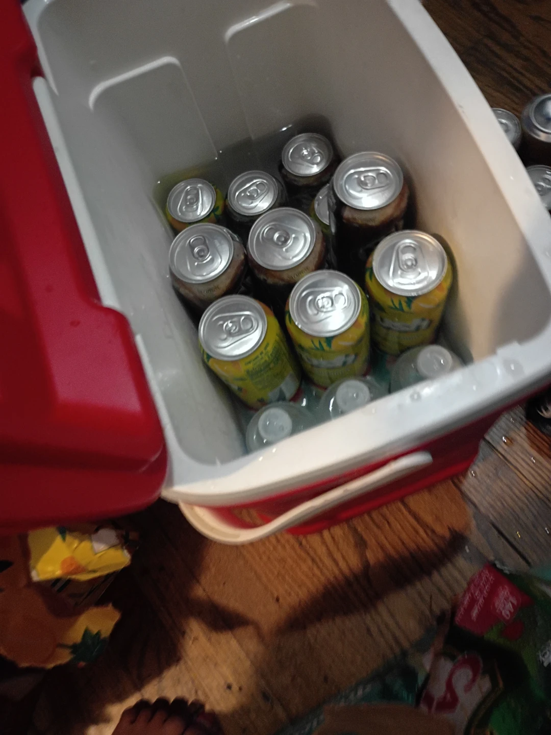 Cooler filled with canned beverages