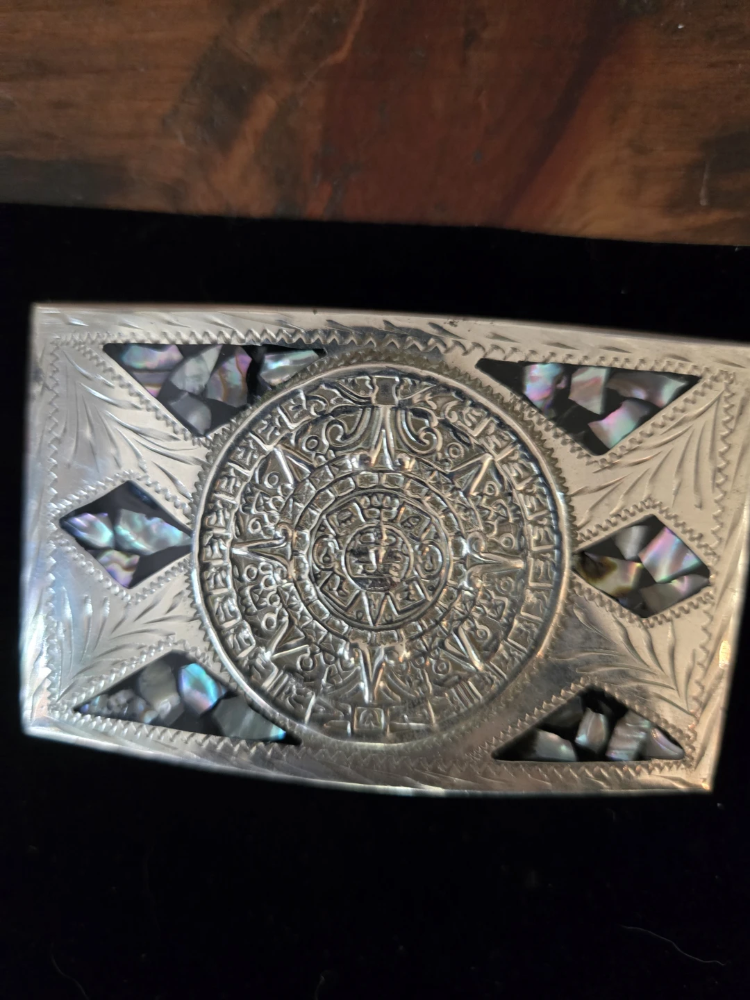 Alpaca Silver belt buckle with Aztec calendar and abalone inlay - photo 2