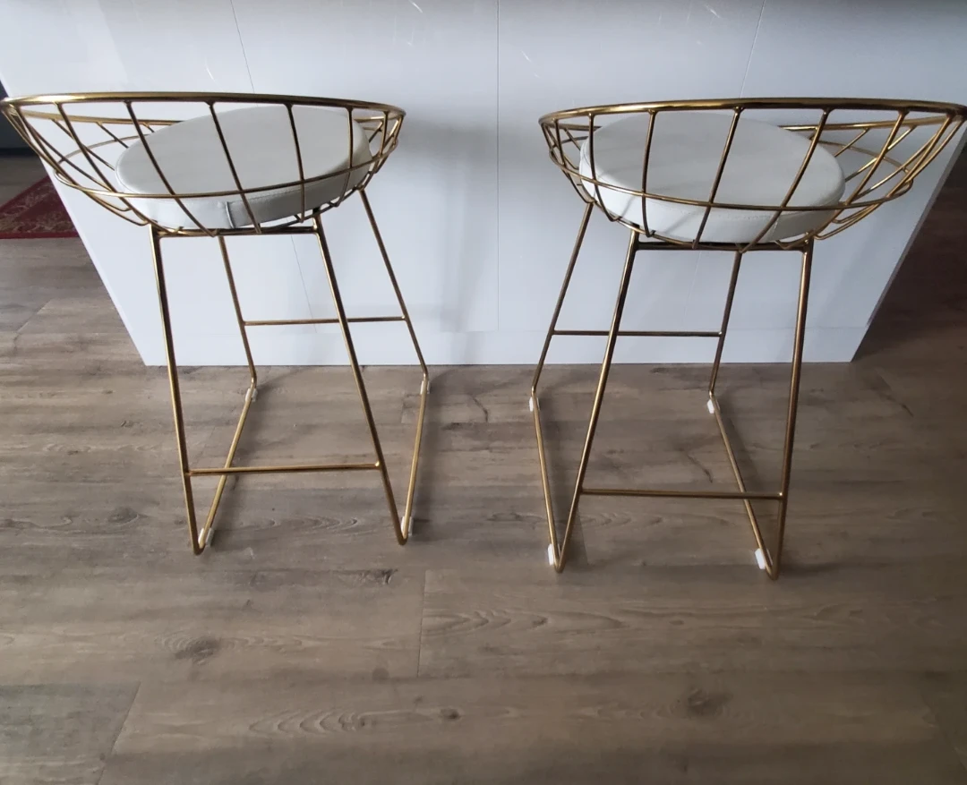2 Gold Wire Bar Stools with White Seats - photo 2