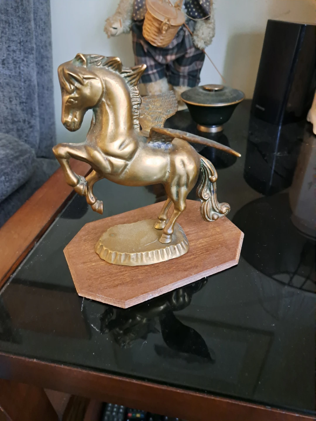 Brass Pegasus Statue on Wood Base