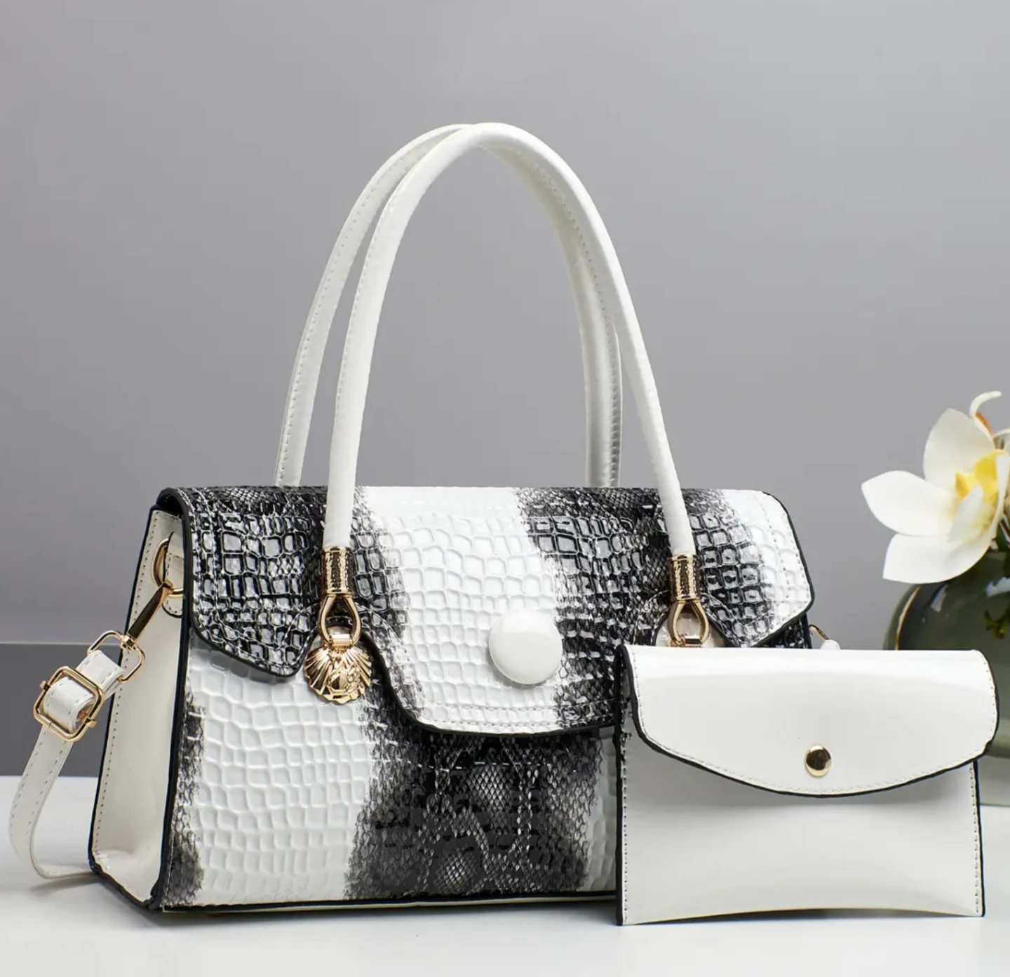 Black and White Crocodile Print Handbag Set with Pouch