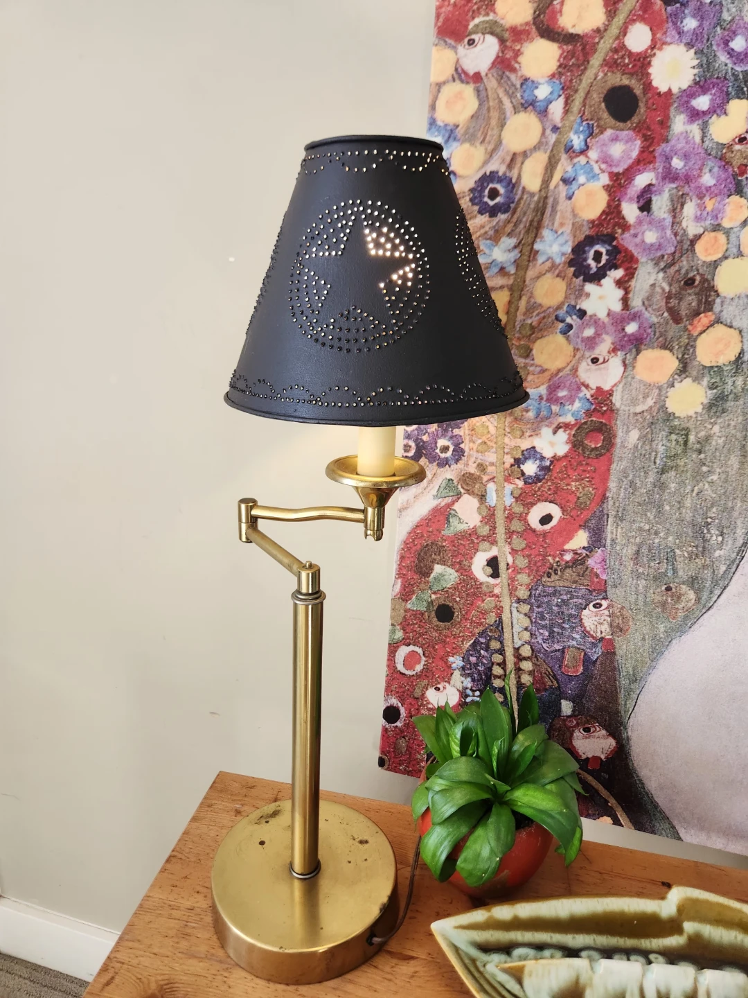 Swing arm brass like lamp & Black Punched Tin Lampshade