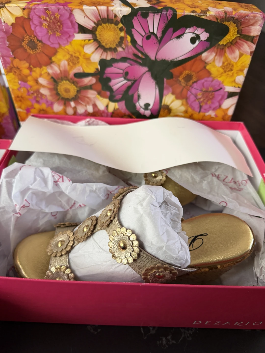 New in box Dezario Gold Wedge Sandals with Flower Embellishments - photo 4