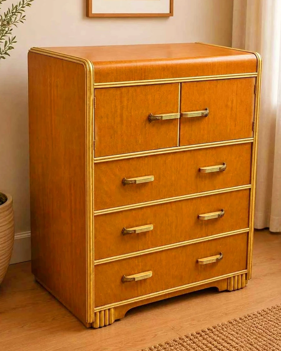 Beautifully Restored Art Deco Cinnamon Walnut Tallboy Dresser