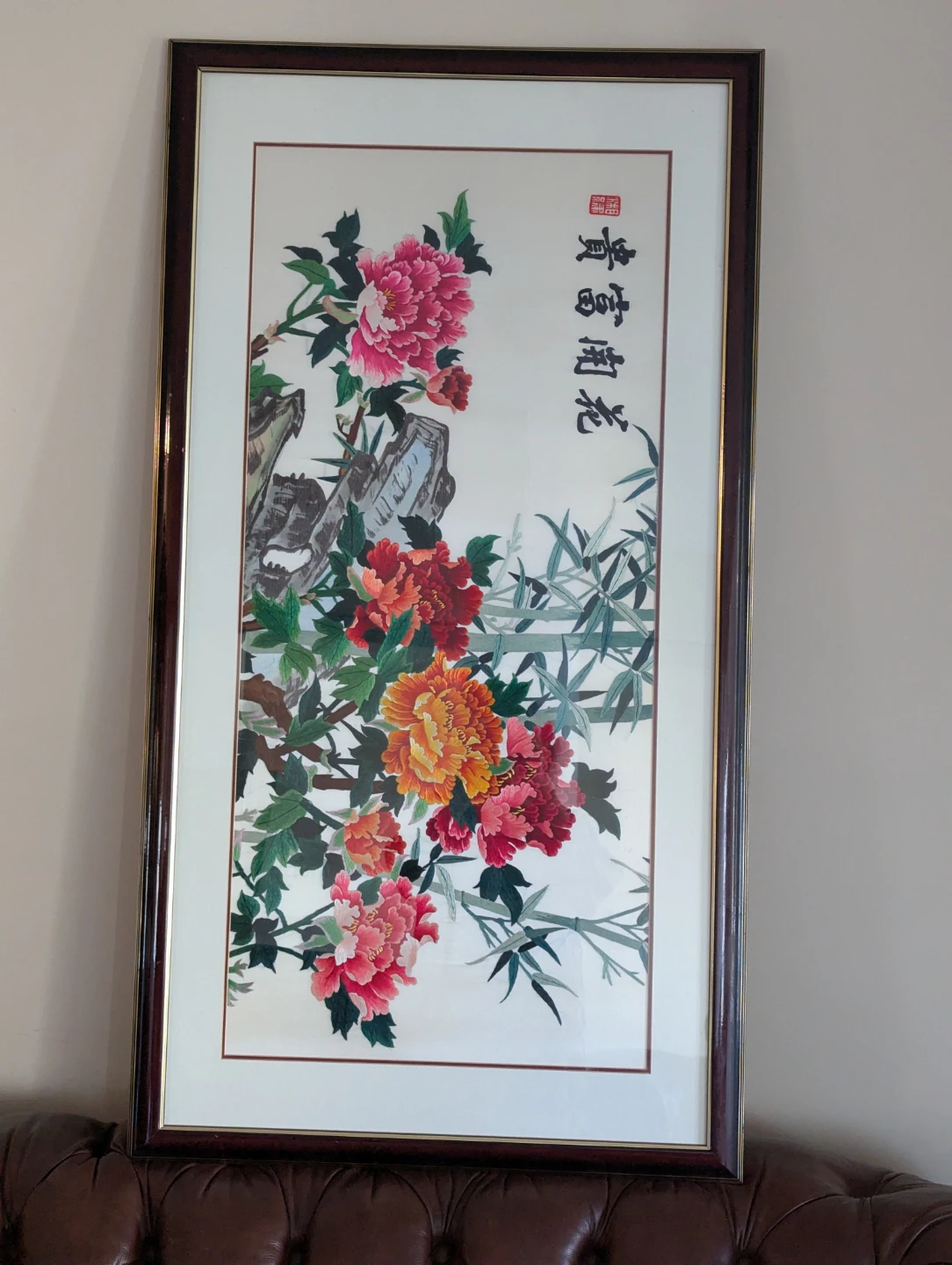 Framed Embroidered Peony and Bamboo Artwork - photo 3