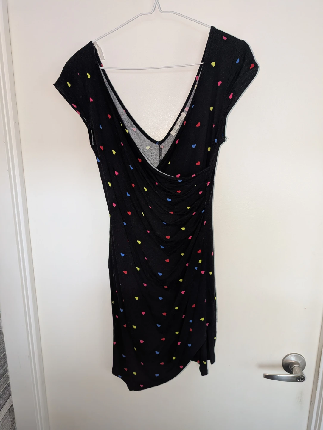 Black with coloured hearts ruched dress size M