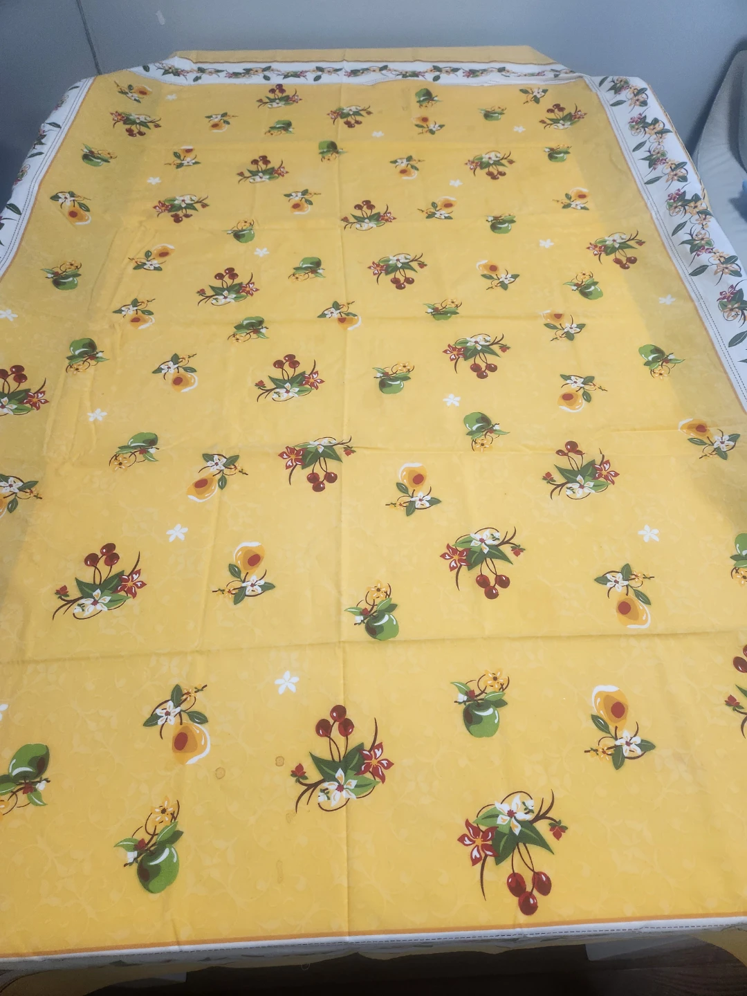 Yellow Vintage Tablecloth with Cherries and Fruit Print