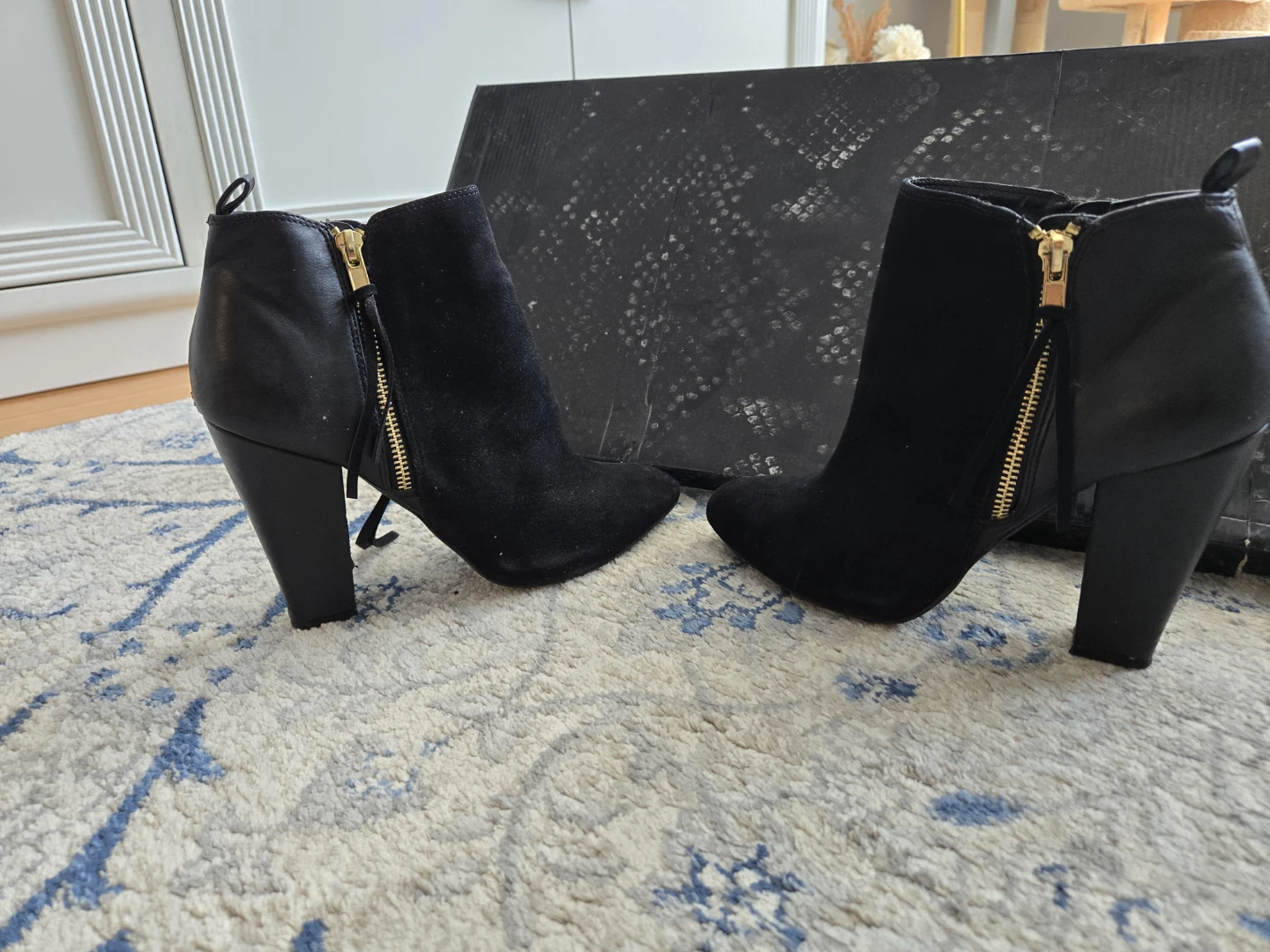 Black Suede and Leather Heeled Ankle Boots