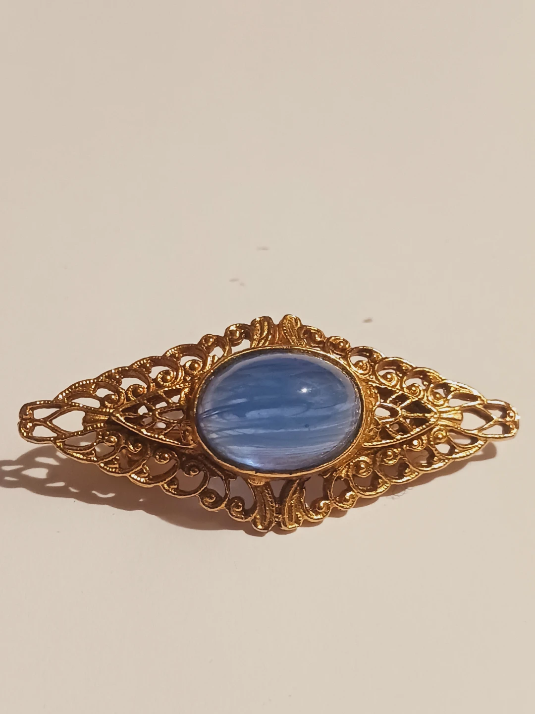 Blue Gemstone Gold Tone Filigree Brooch