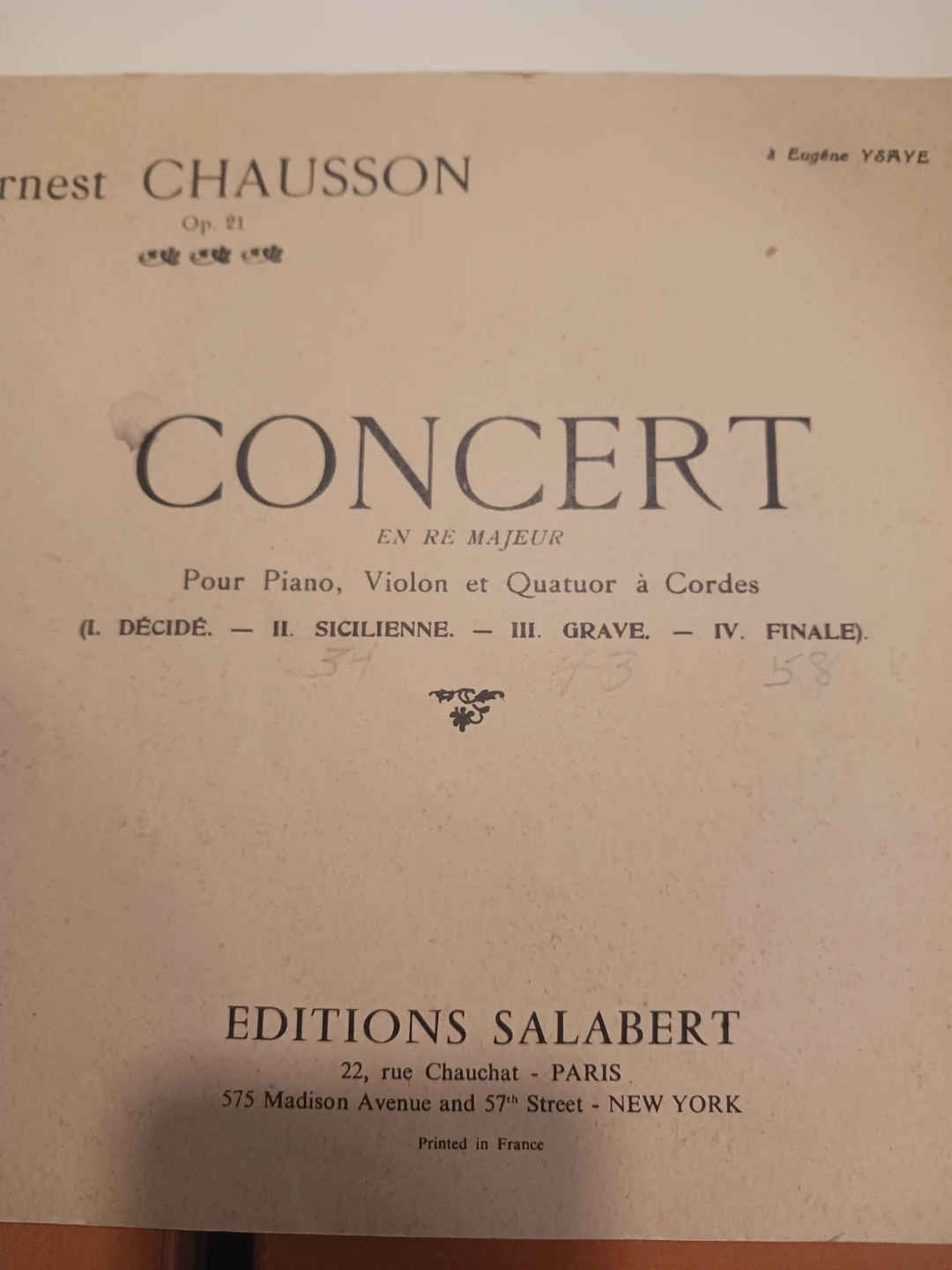 Sheet Music - Ernest Chausson CONCERT Op. 21