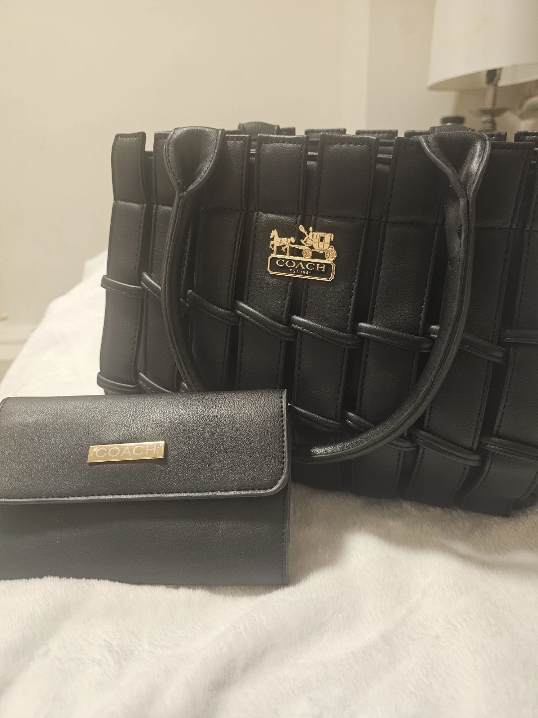 Coach Black Woven Handbag with Matching Wallet