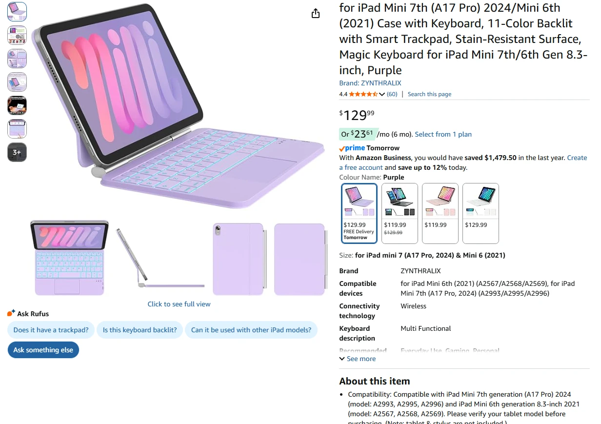 Purple Trackpad Keyboard Case for iPad Mini 7th/6th Gen - photo 2