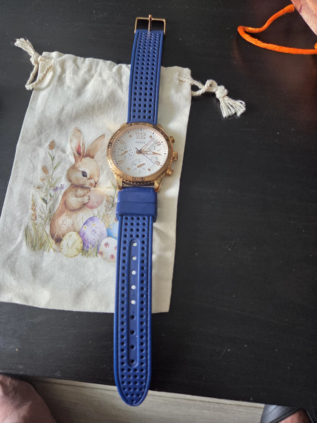 Guess Rose Gold Chronograph Watch with Blue Silicone Strap