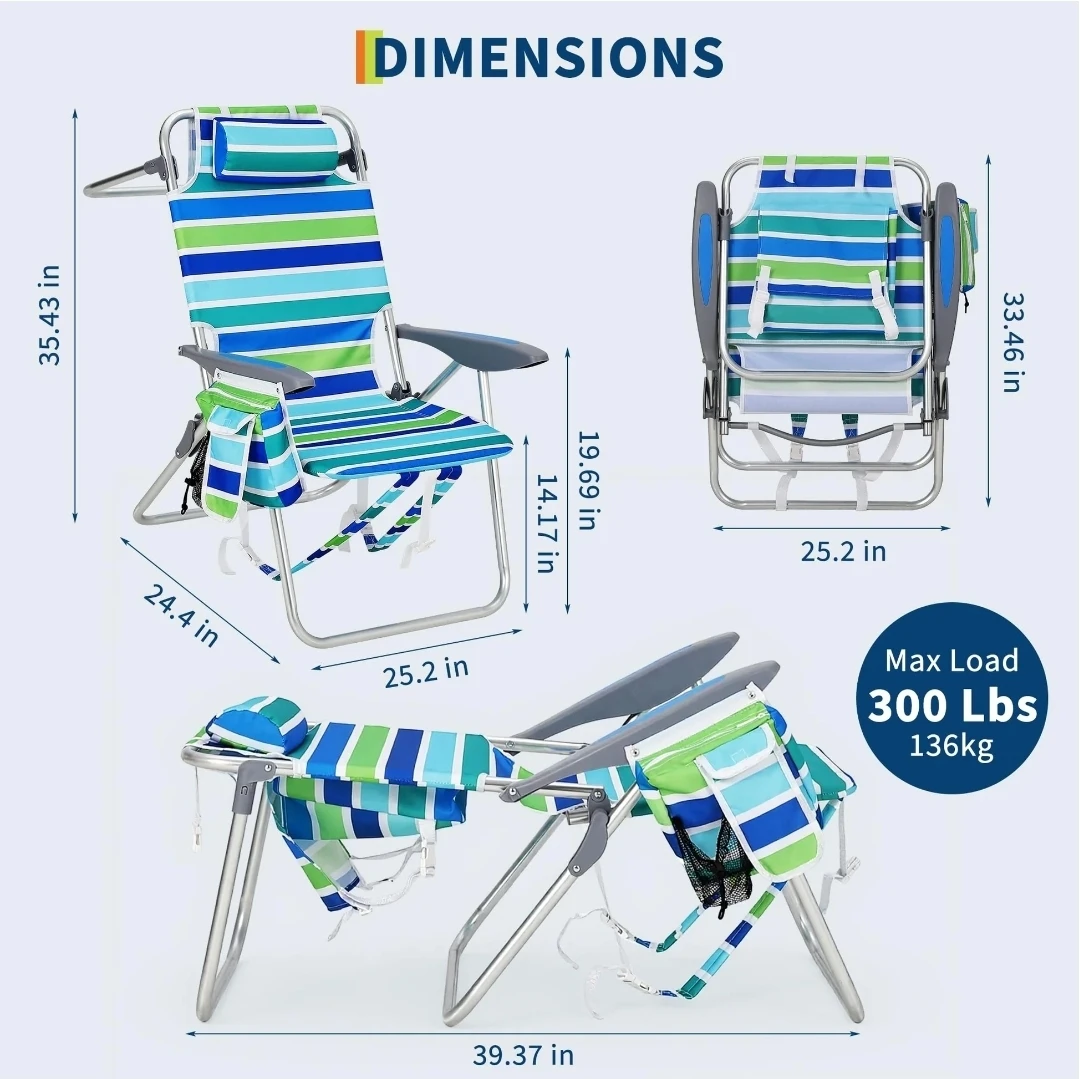 Striped Aluminum Beach Chair - Reclining, Rust-Resistant - photo 3