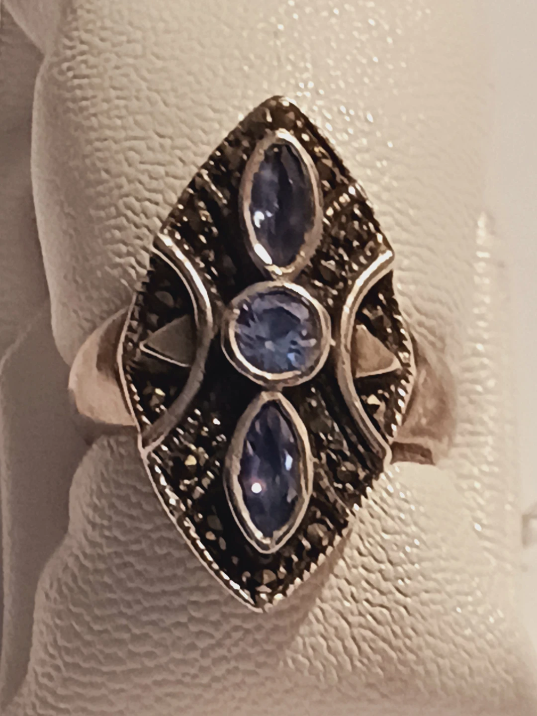 Art Deco Sterling Silver 925 Blue Topaz Marcasite Ring. 6. - photo 3