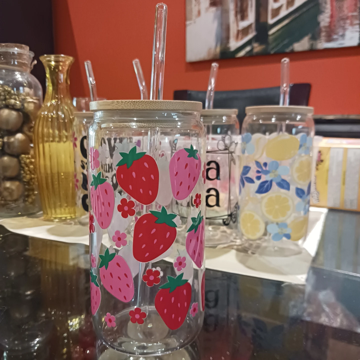 Glass Tumbler with Straw - Strawberry Design