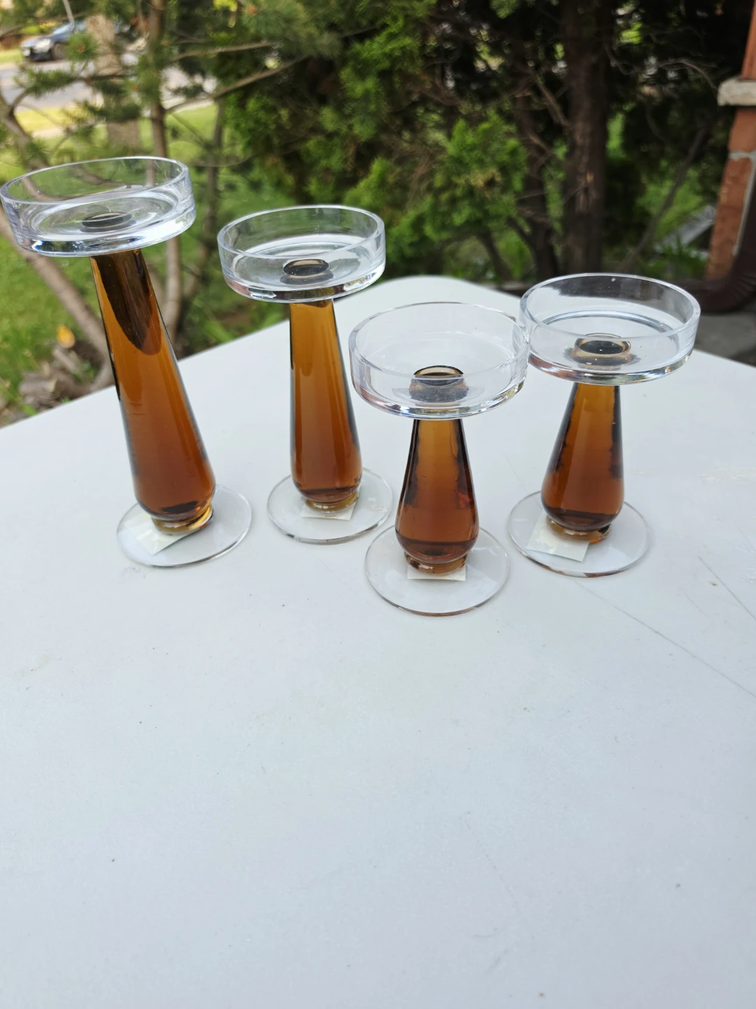 Set of 4 Amber Glass and Clear Glass Candlestick Holders