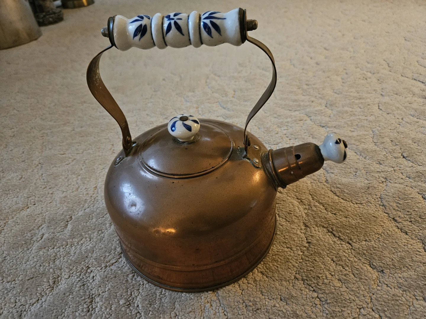 Copper Tea Kettle with Blue and White Ceramic Handle