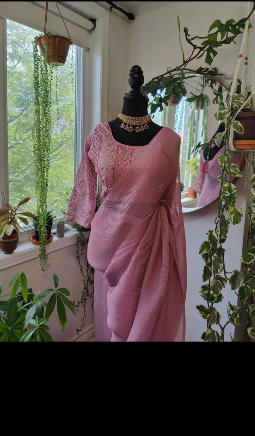 Pink Saree with Embroidered Blouse⚽️