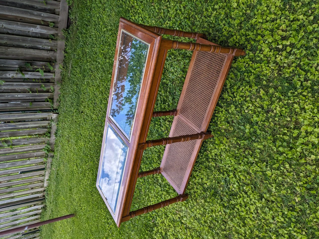 Vintage Wooden Console Table with Glass Top and Cane Shelf - photo 3