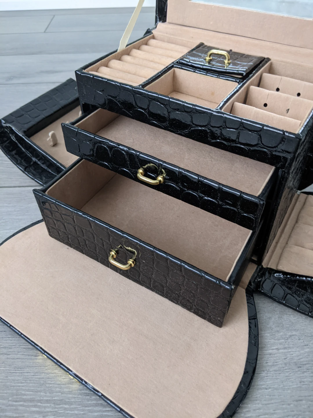 Black Faux Croc Jewelry Box with Mirror and Drawers - photo 4