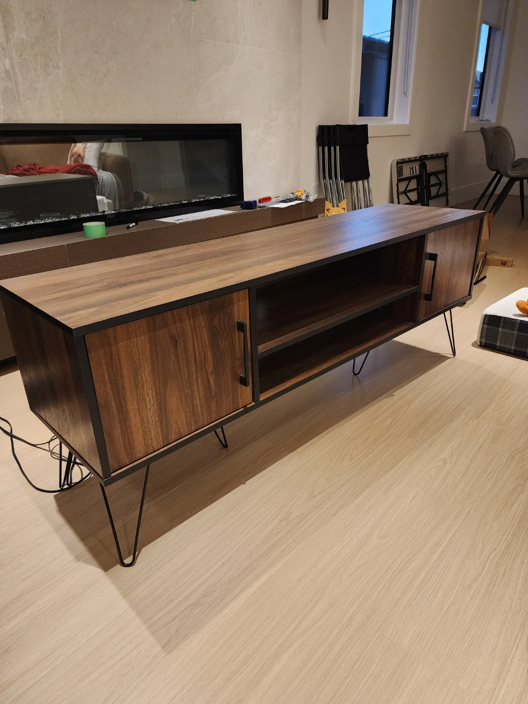 Modern Wood TV Stand with Sliding Doors