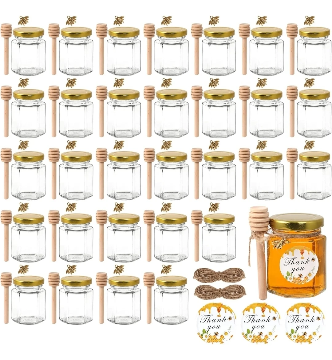Set of 36 Hexagonal Glass Jars with Wooden Honey Dippers