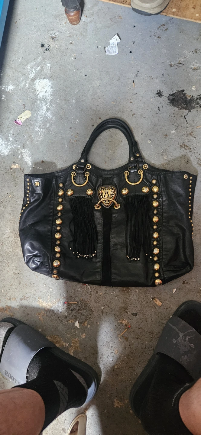 Black GUCCI Leather Handbag with Gold Studs and Fringe