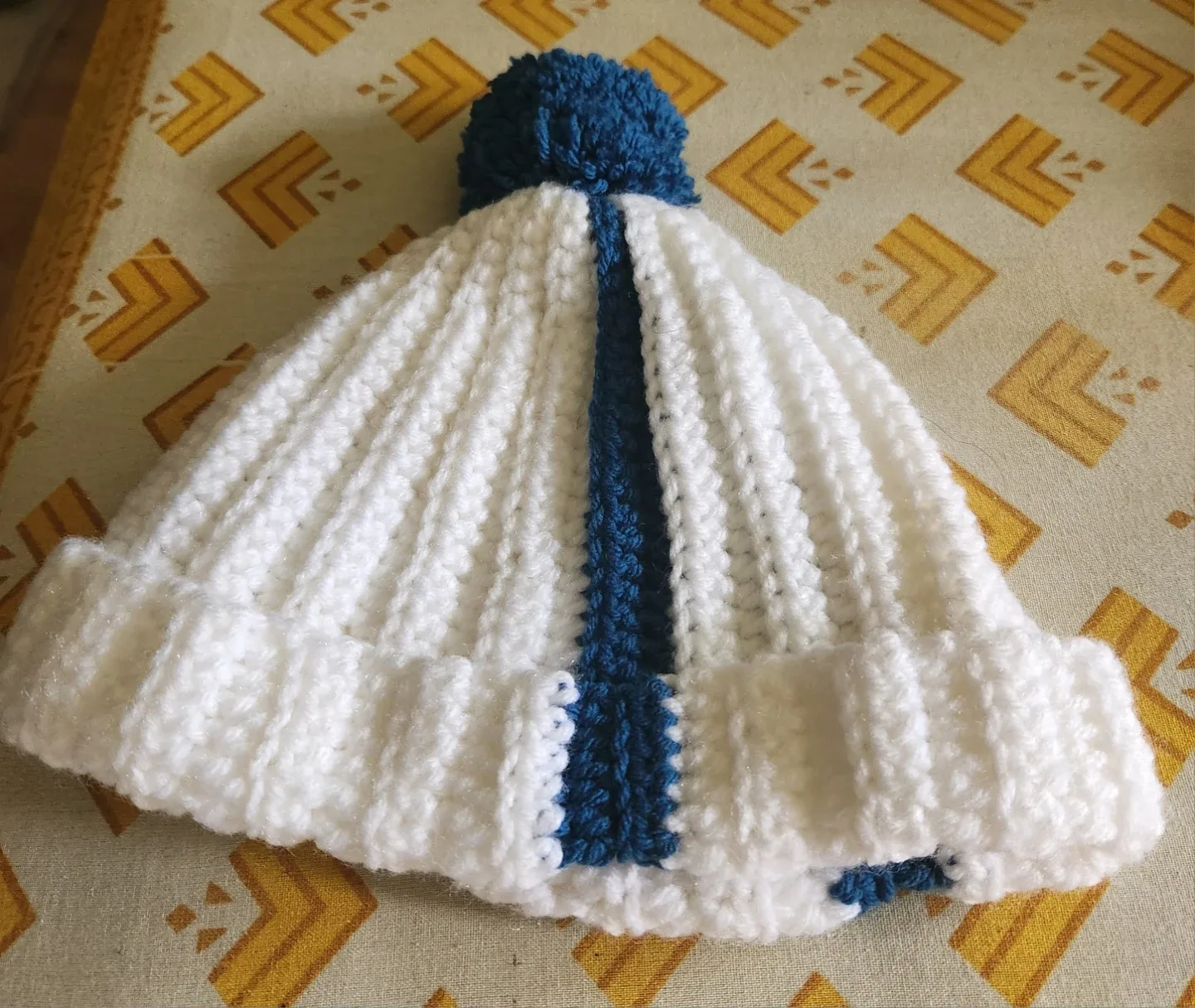 White and Blue Striped Pom Pom Toque