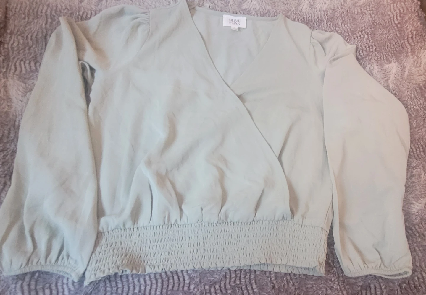 Olive + Oak Womens Light Green Wrap Blouse