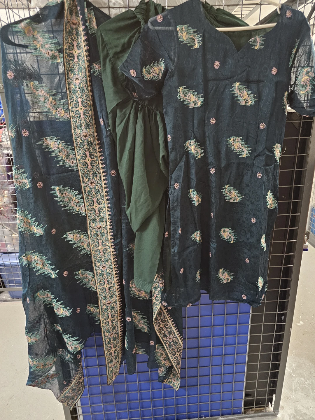 Dark Green Embroidered Kurti with Pants and Scarf