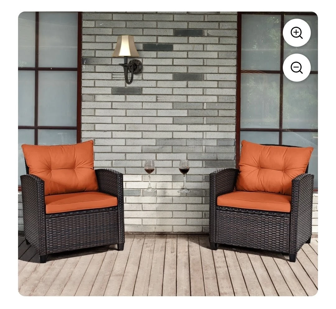 Brown Rattan Chairs with Red Cushions (Set of 2)