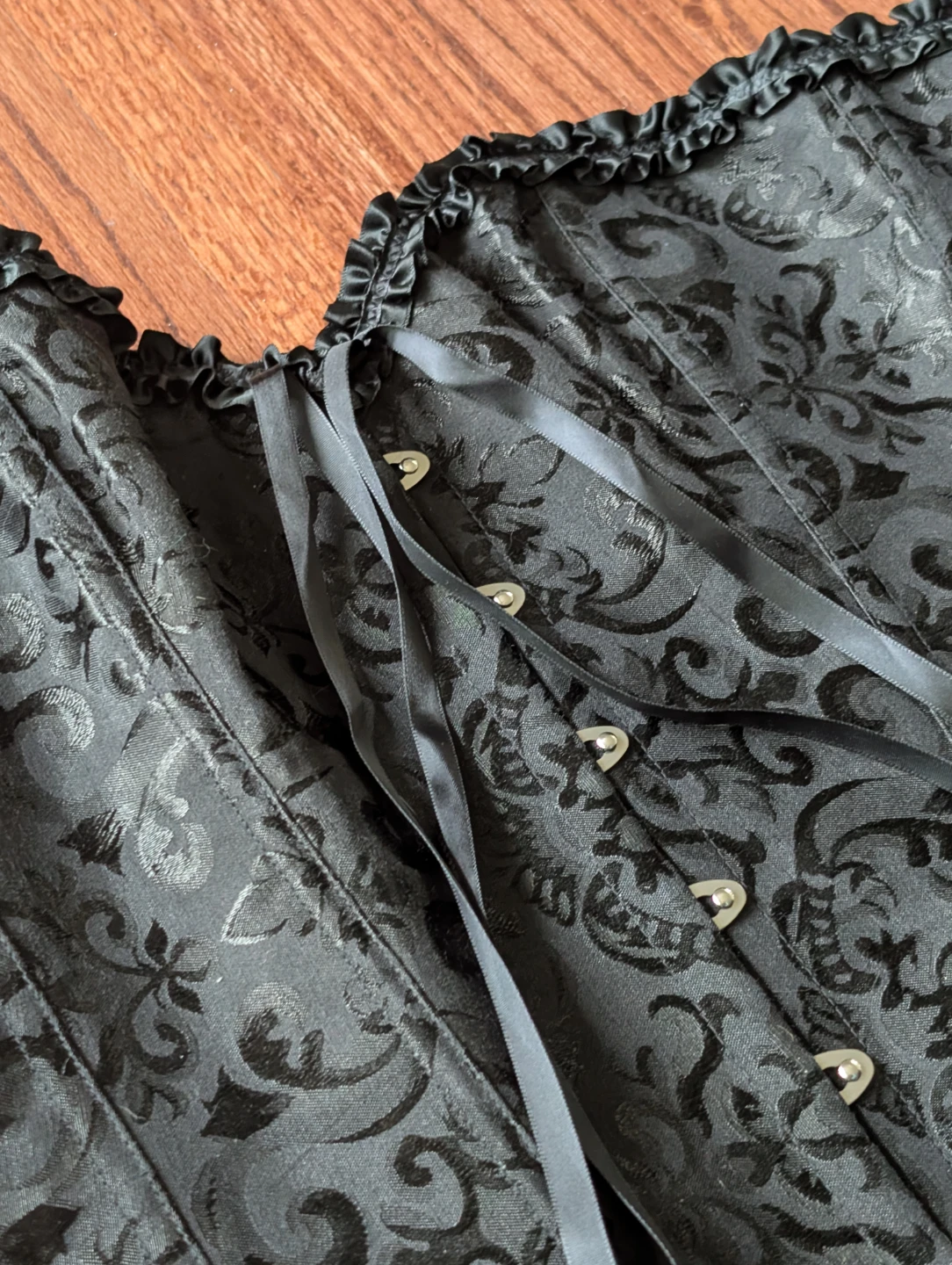 Black Jacquard Corset with Ruffles and Ribbon Ties - photo 4