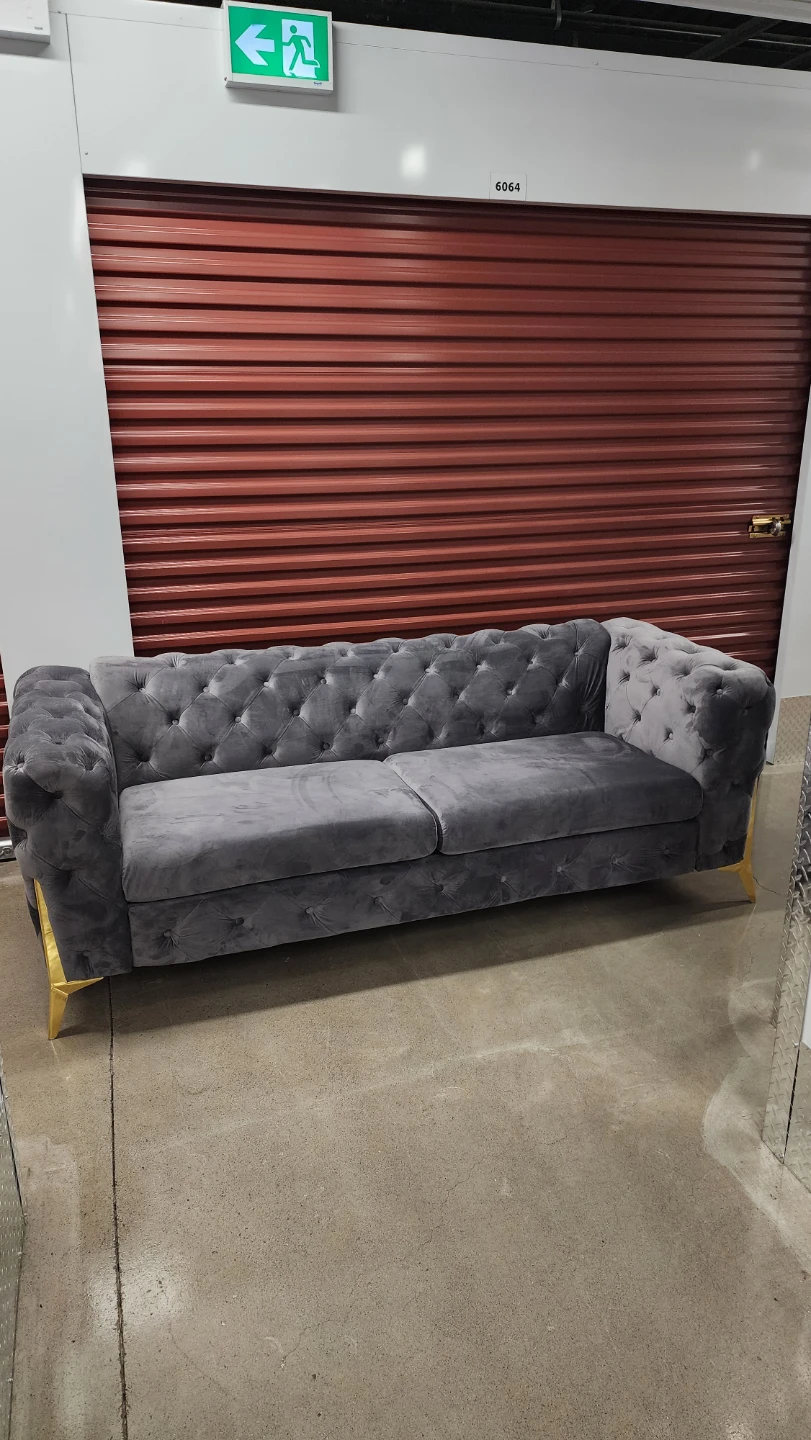 Grey Velvet Tufted Sofa with Gold Legs