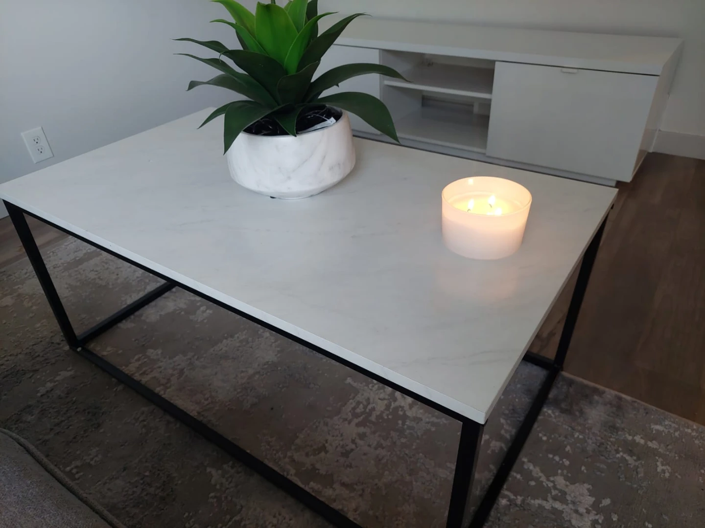 White Marble Top Coffee Table with Black Metal Frame