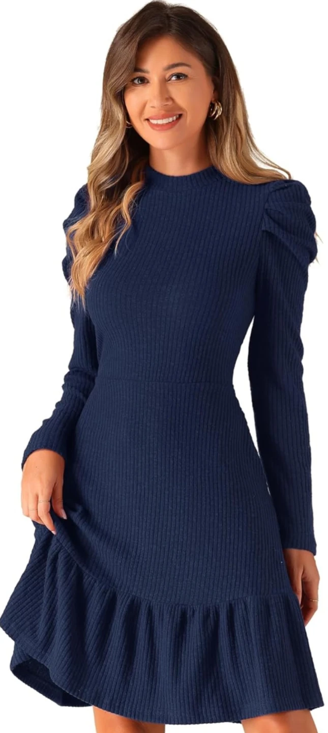 Navy Blue Ribbed Dress with Puff Sleeves - photo 2
