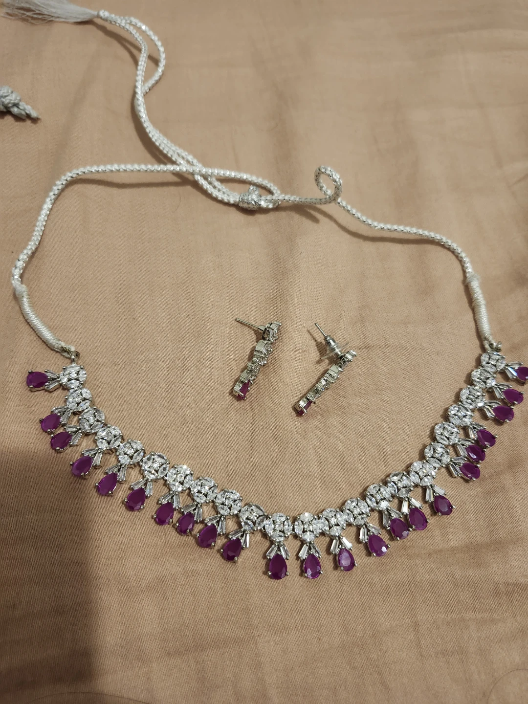 Rhinestone Necklace and Earring Set with Purple Droplets