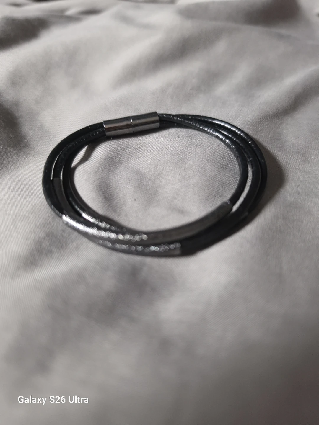 Black Leather Bracelet with Silver Clasp