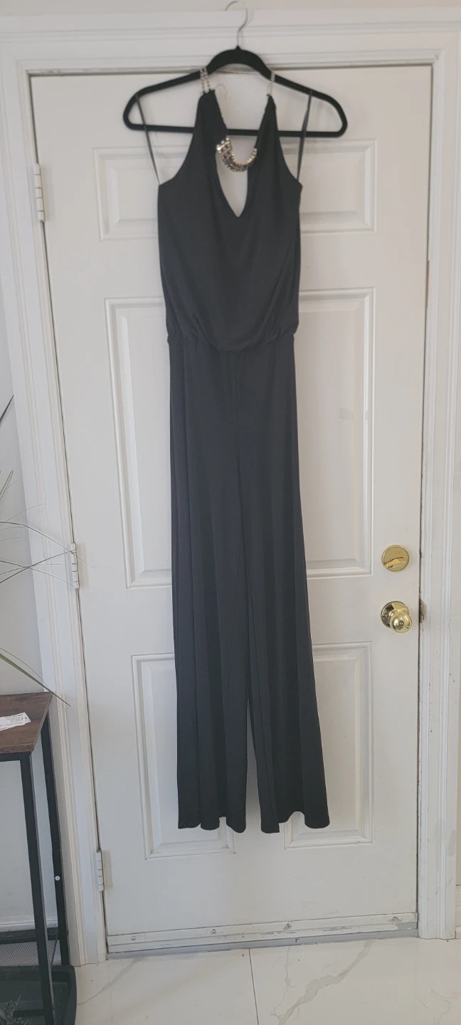 Black Sleeveless Jumpsuit with Embellished Neckline - Size S
