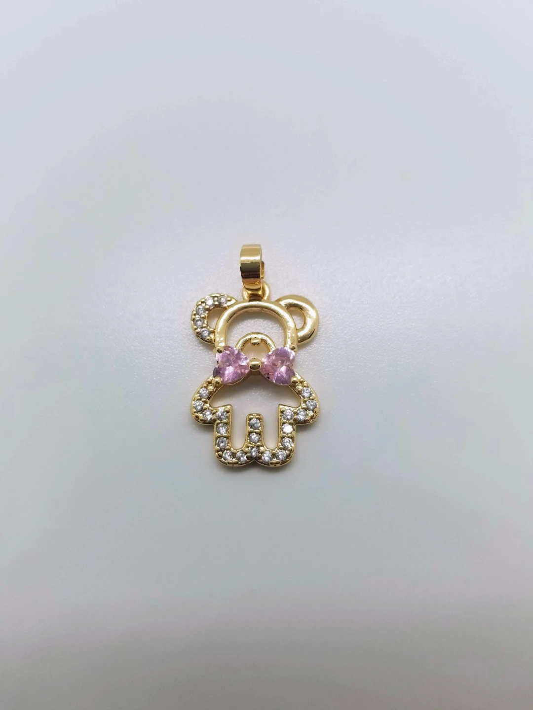 Gold plated Bear Charm with Pink Bow and Crystals