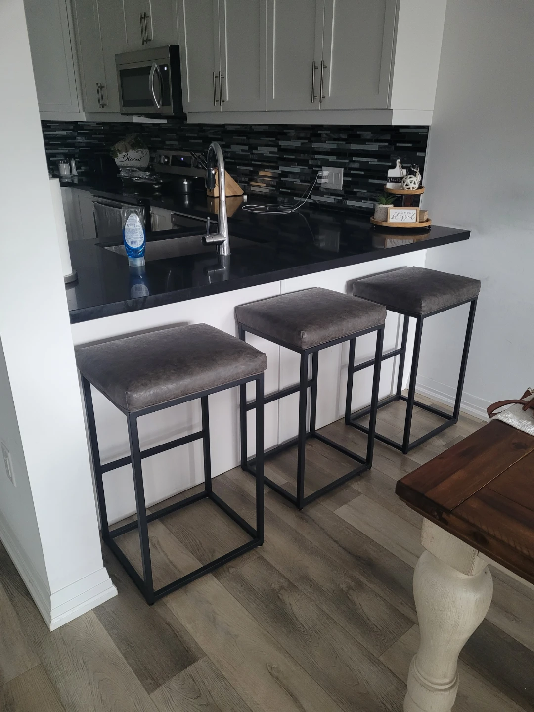 Set of 3 Bar Stools - Grey Faux Leather Seats