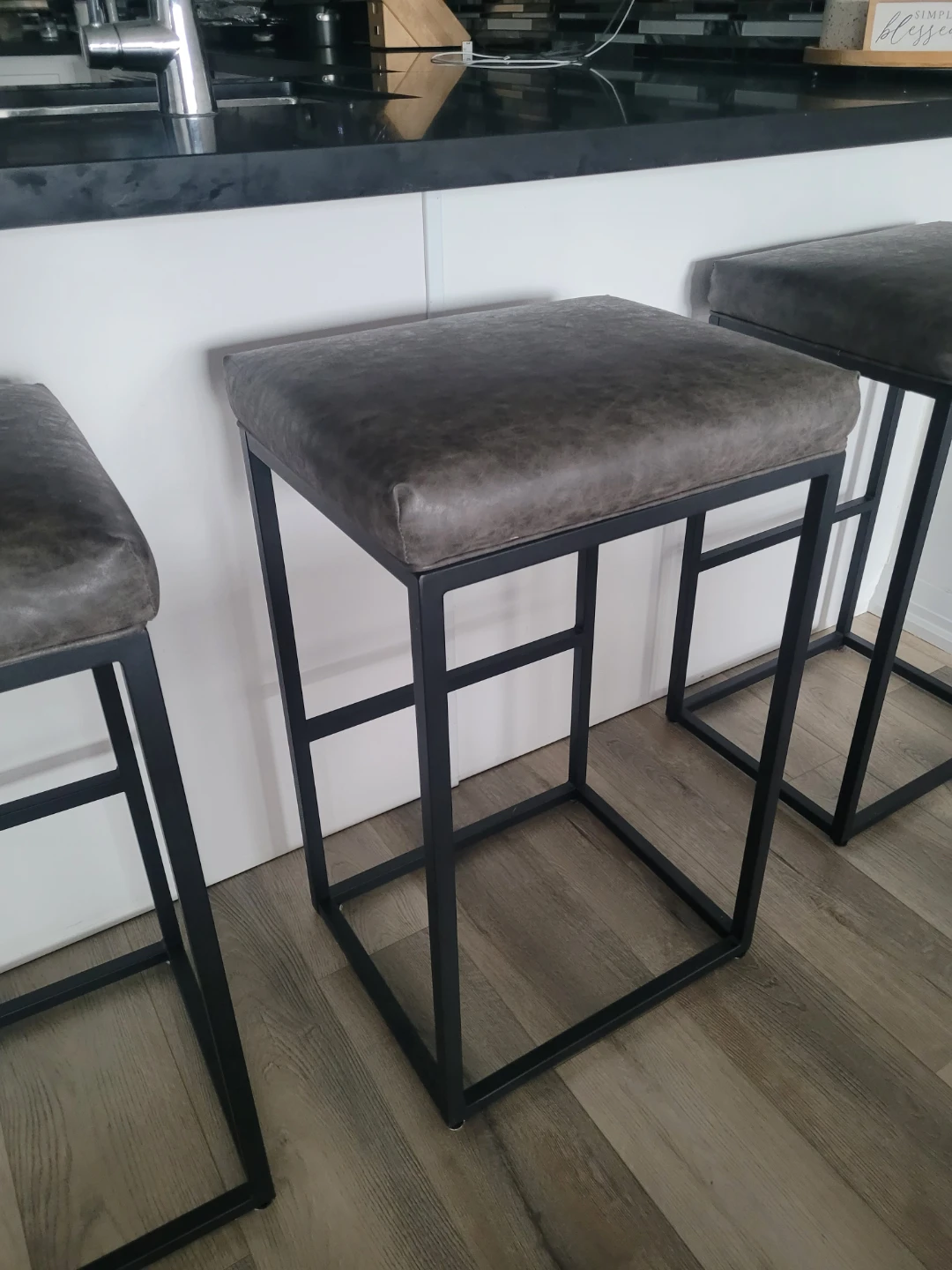 Set of 3 Bar Stools - Grey Faux Leather Seats - photo 2