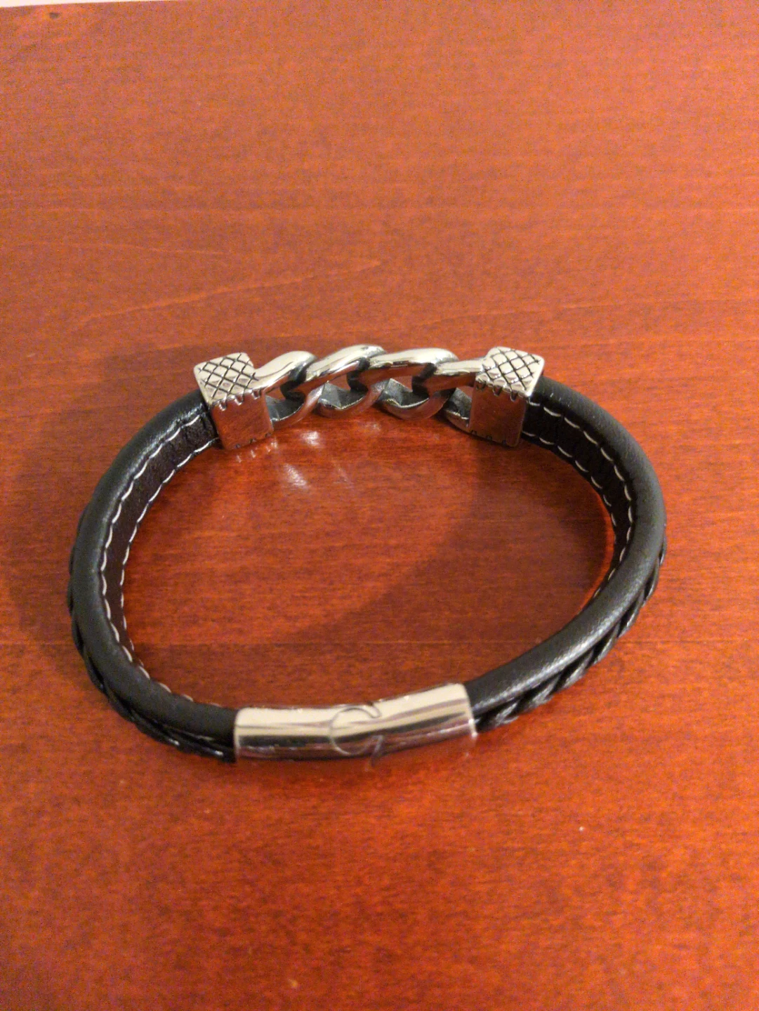 Men's Black Leather Bracelet with Silver Accents - photo 3