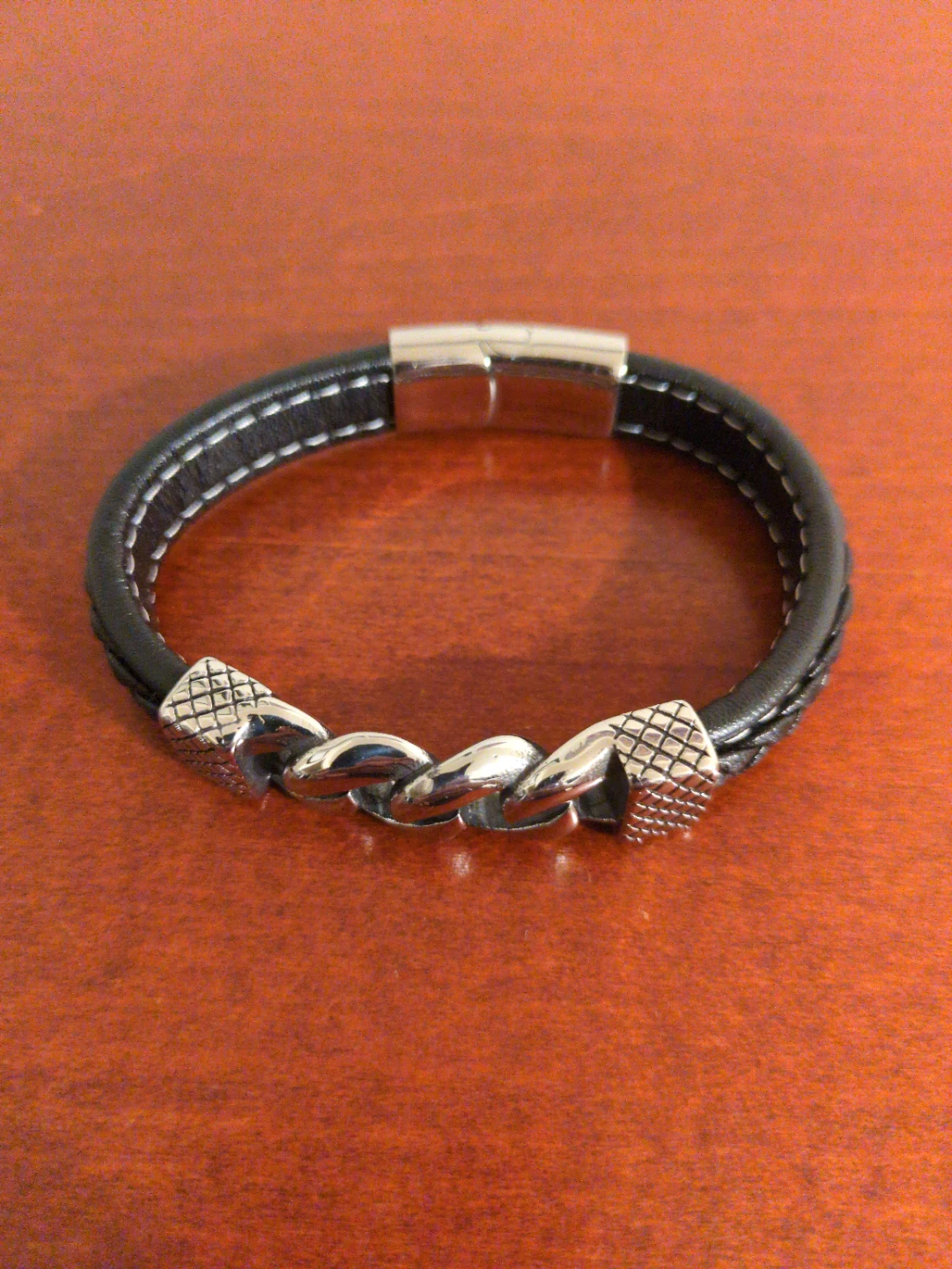 Men's Black Leather Bracelet with Silver Accents - photo 5